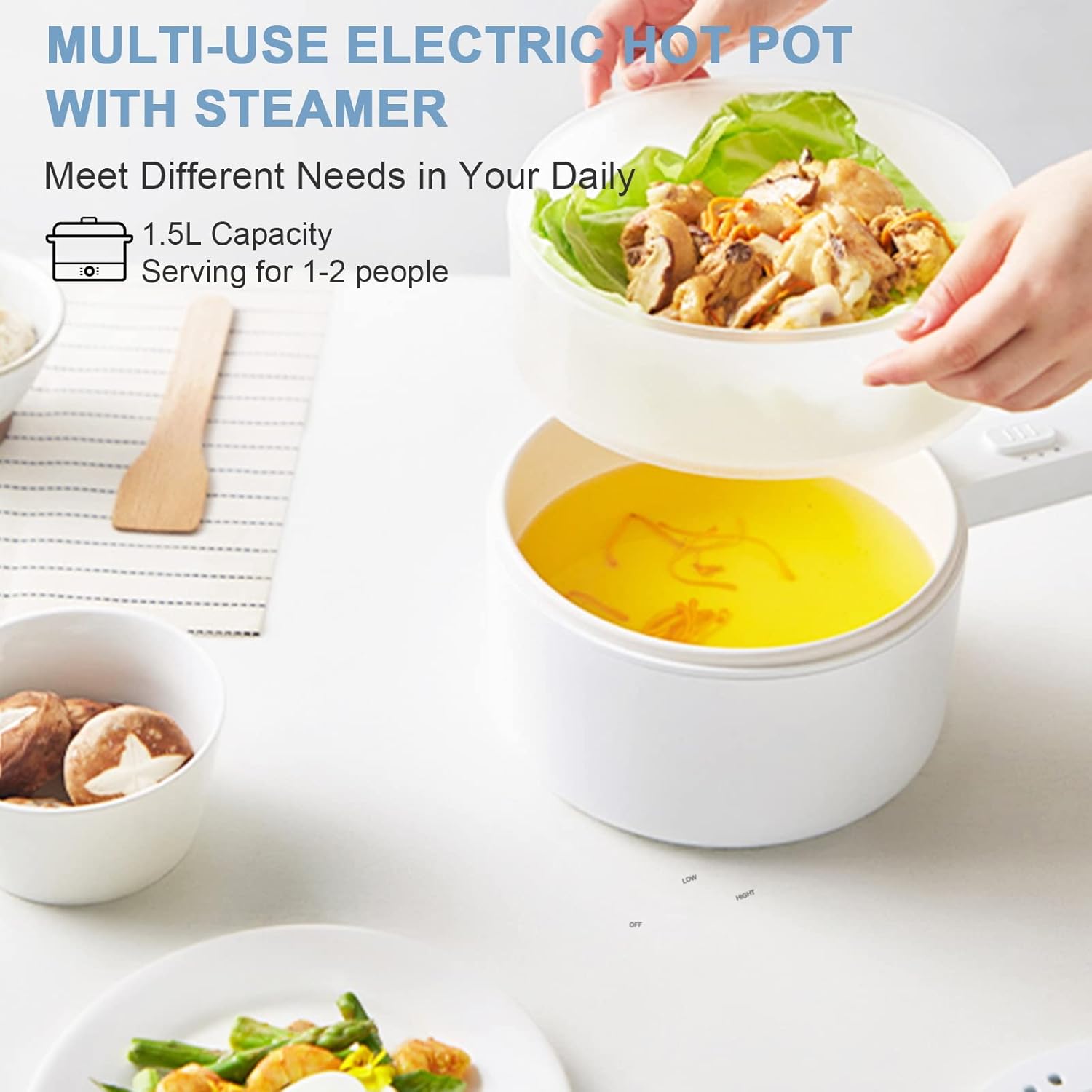 1.5L Electric Hot Pot With Steamer, Non-Stick Mini Portable Pot for Steak, Egg, Fried Rice, Rapid Cooking with Adjustable Power, Includes Egg Rack, Compact Design for Home, Office, or Travel